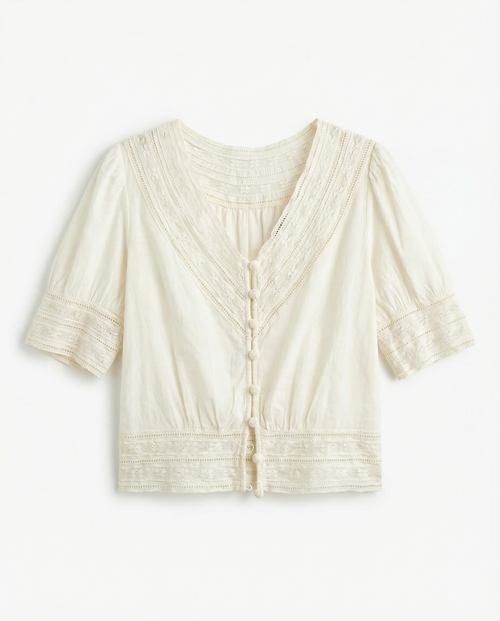 Blusa Romántica en Algodón con Encajes y Bordados