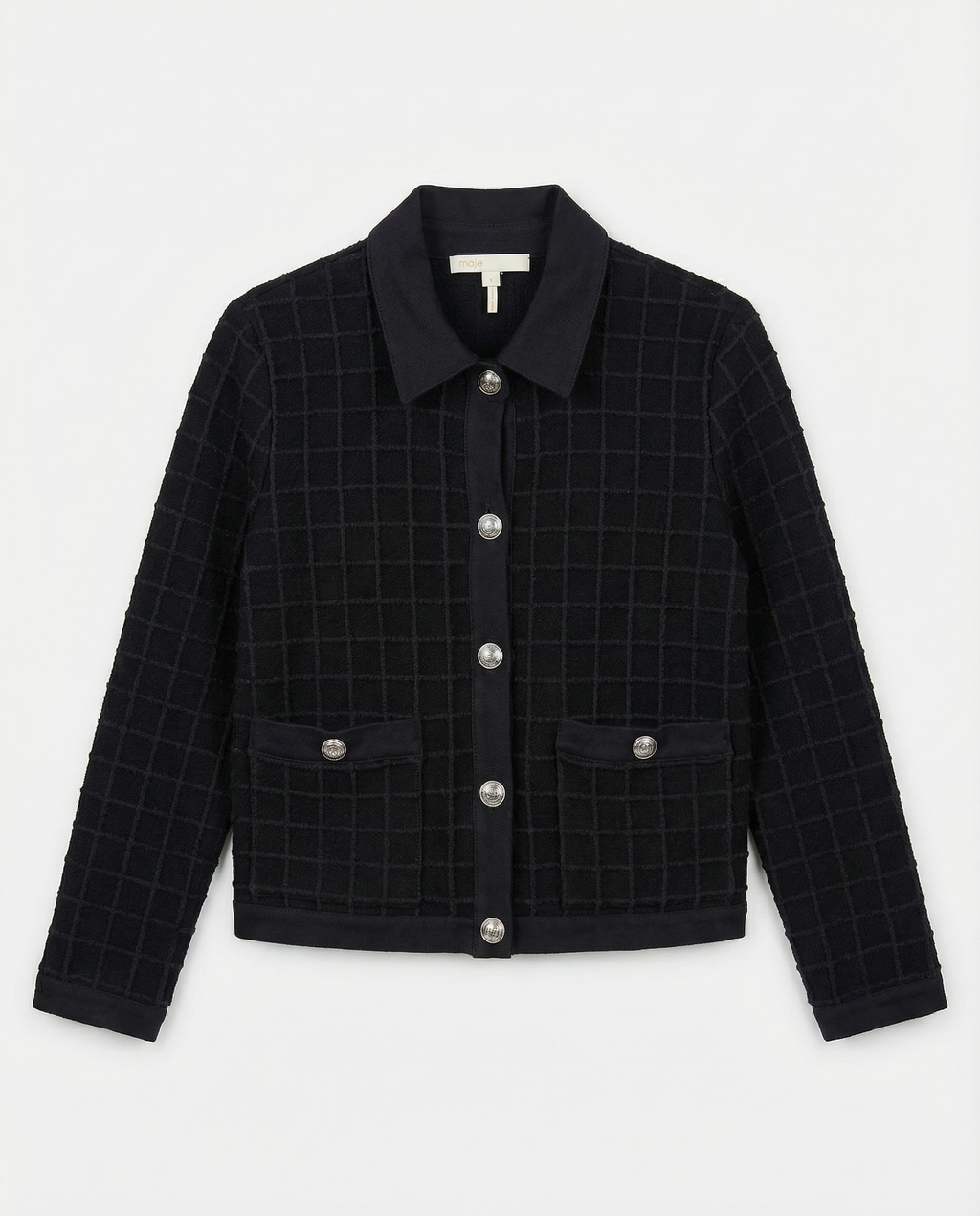 Chaqueta Tejida MAJE — Negro con Cuadrícula y Botones Metálicos