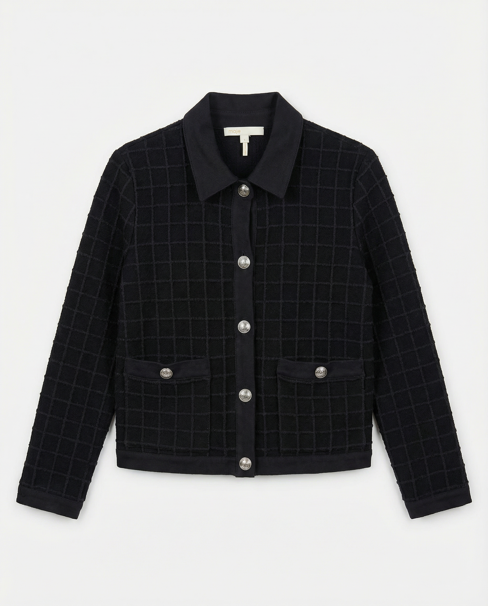 Chaqueta Tejida MAJE — Negro con Cuadrícula y Botones Metálicos