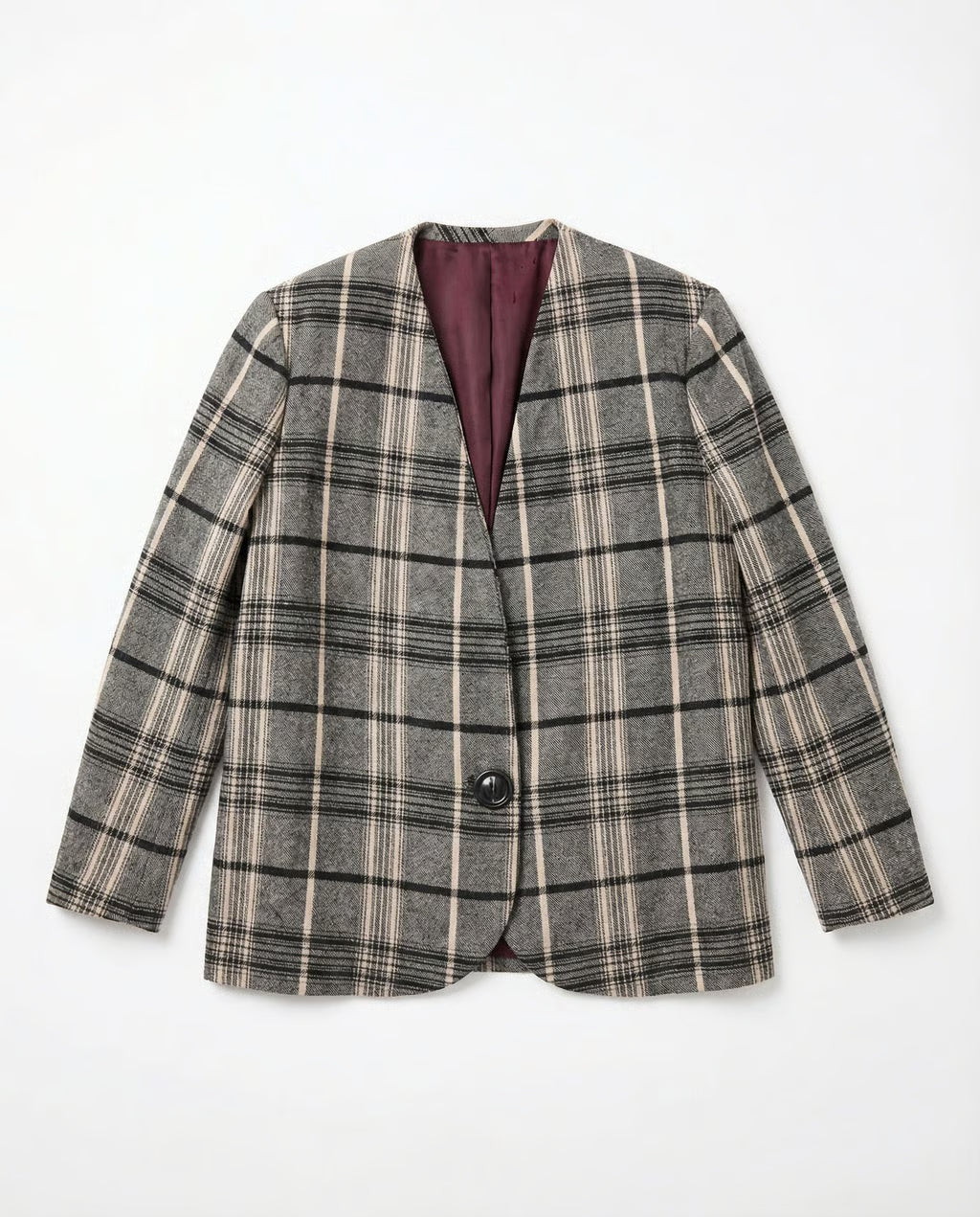 Blazer Vintage 80s/90s — Cuadros Escoceses Gris y Negro con Forro Bordo