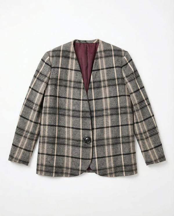 Blazer Vintage 80s/90s — Cuadros Escoceses Gris y Negro con Forro Bordo