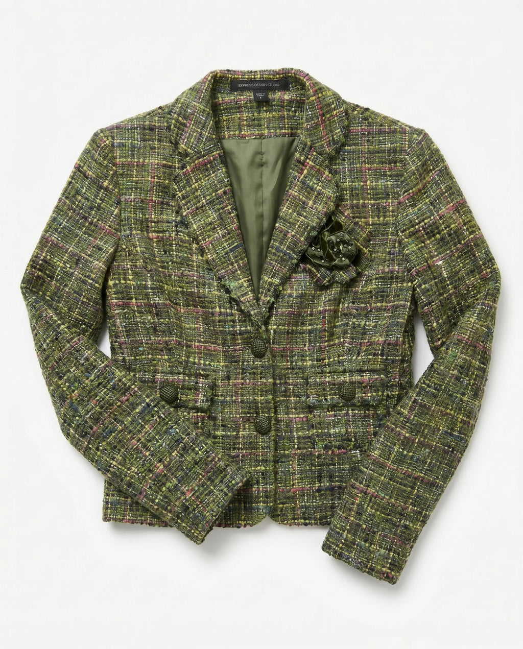 Blazer Tweed EXPRESS DESIGN STUDIO — Verde Oliva Multicolor con Broche Floral