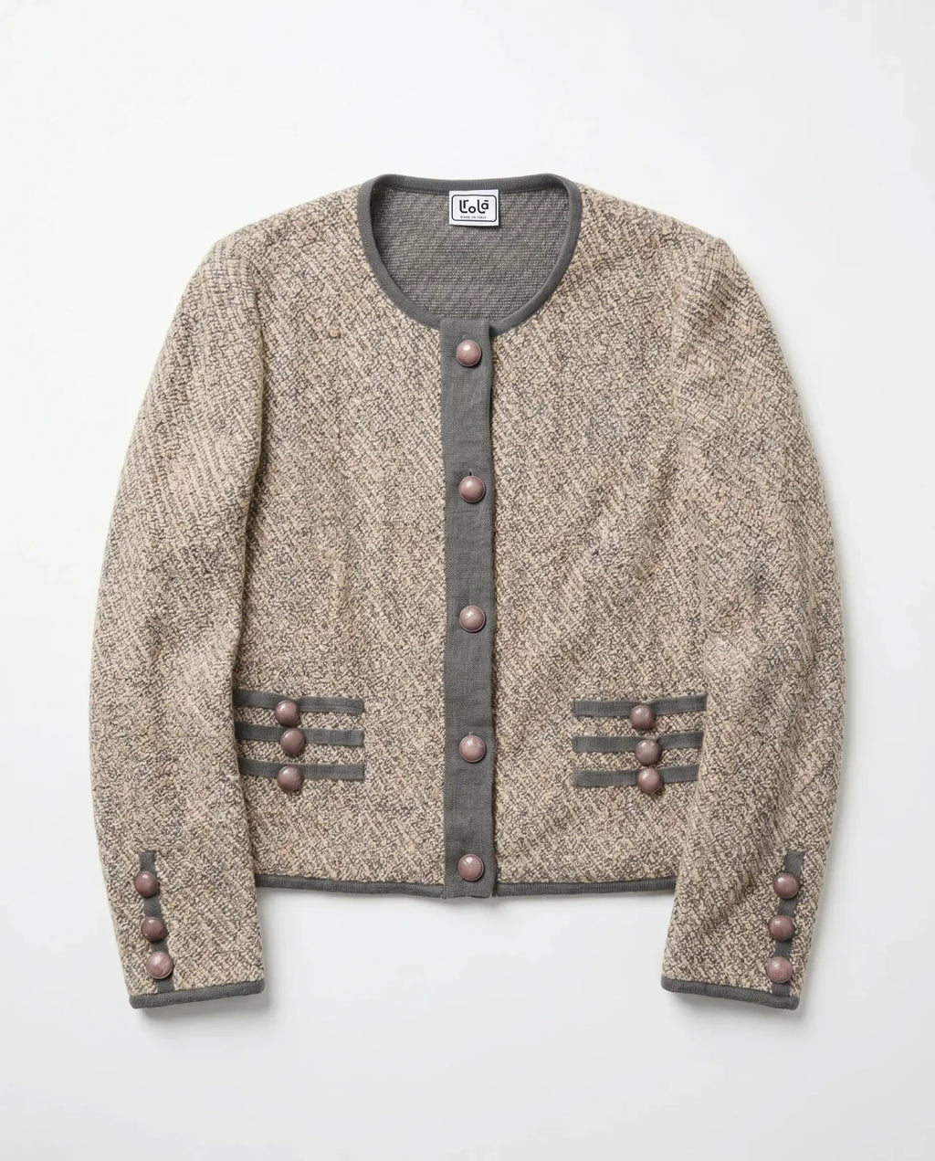 Chaqueta Tweed — Beige y Gris con Botones Malva, Hecha en Italia