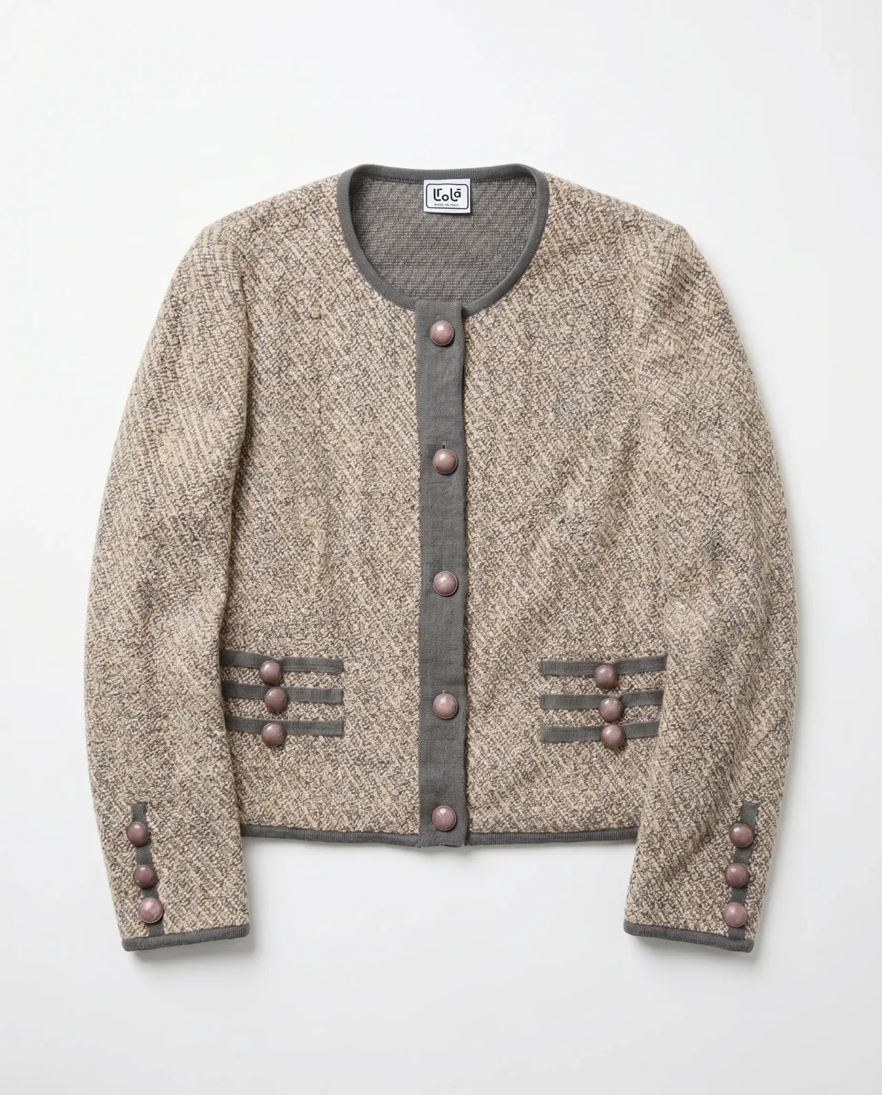 Chaqueta Tweed — Beige y Gris con Botones Malva, Hecha en Italia