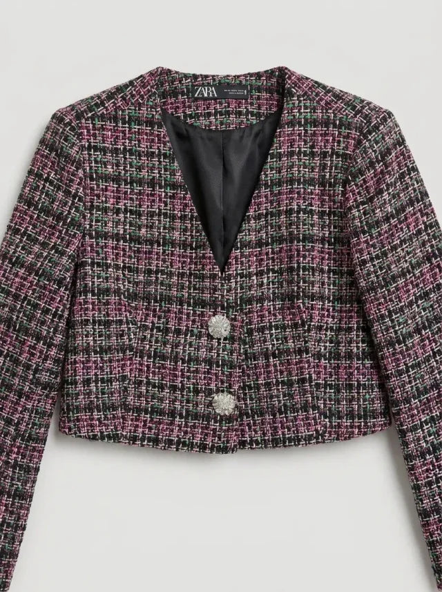 Blazer Tweed Multicolor con Botones de Strass — Zara