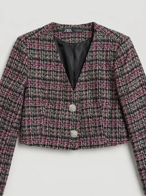 Blazer Tweed Multicolor con Botones de Strass — Zara