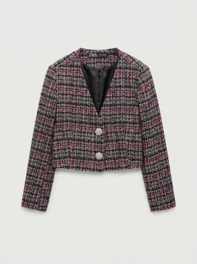 Blazer Tweed Multicolor con Botones de Strass — Zara