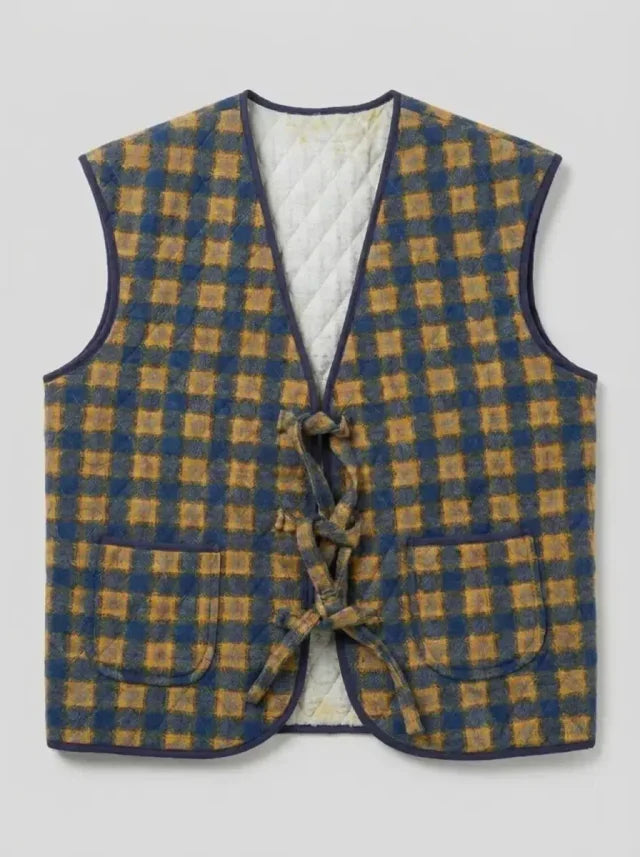 Chaleco Capitoneado a Cuadros Azul y Mostaza — Pieza Única Vintage