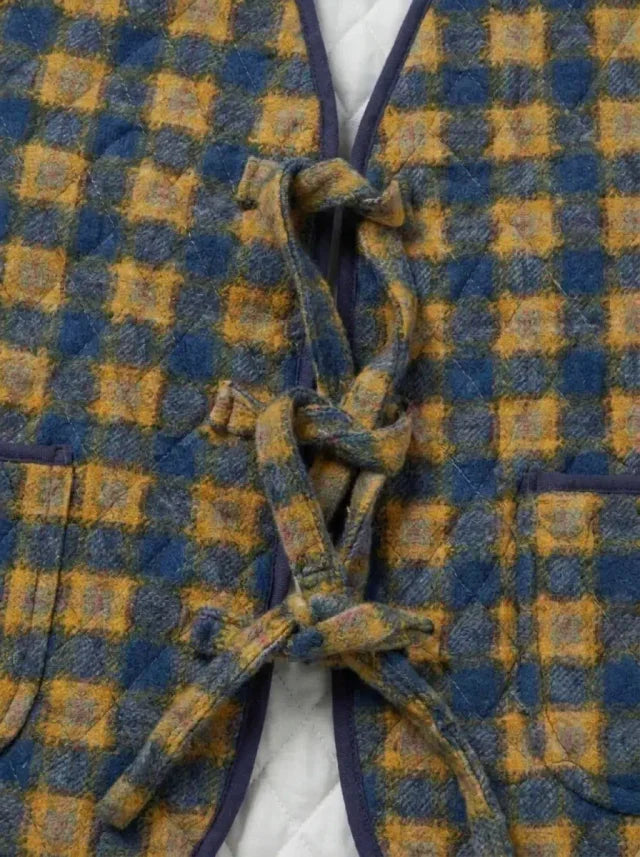 Chaleco Capitoneado a Cuadros Azul y Mostaza — Pieza Única Vintage