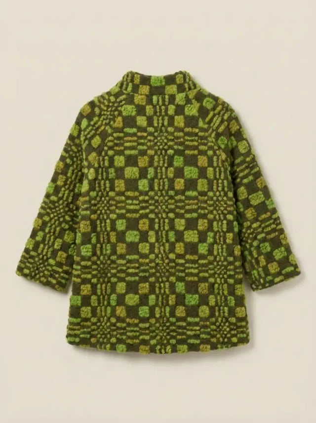 Tapado de Lana Bouclé Afieltrada Verde con Estampado Geométrico — Pieza Única