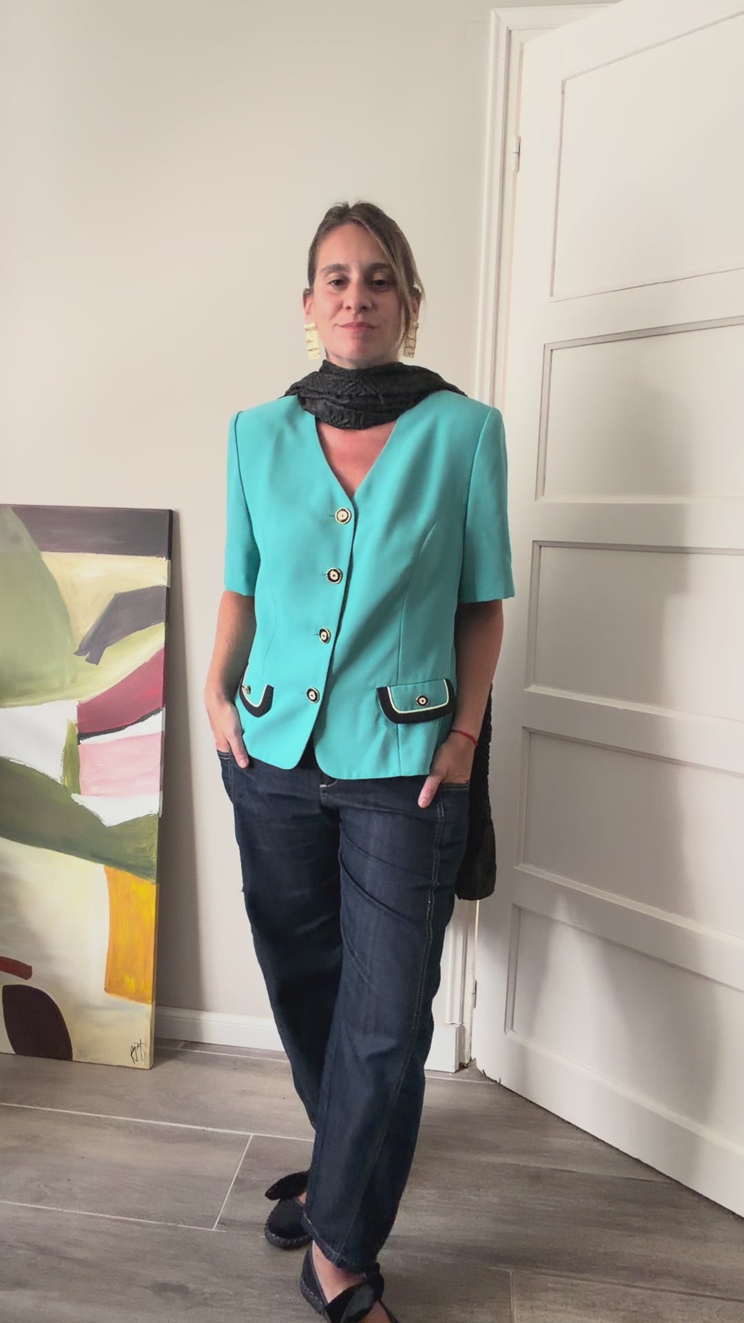 Chaqueta Manga Corta Vintage 80s — Turquesa con Botones Dorados